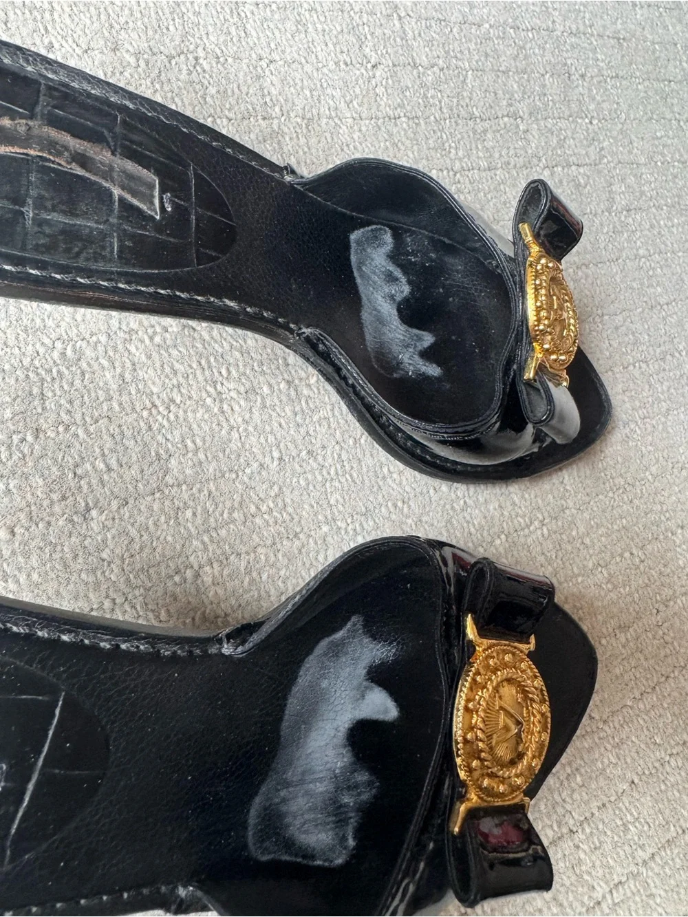 AUTHENTIC Louis Vuitton Vintage Black Patent Leather Slide Mules w/ Gold accent